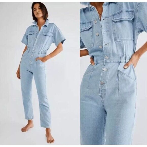 FREE PEOPLE x We The Free Marci Denim Jumpsuit in Clear Skies, Size SMALL - Picture 1 of 13